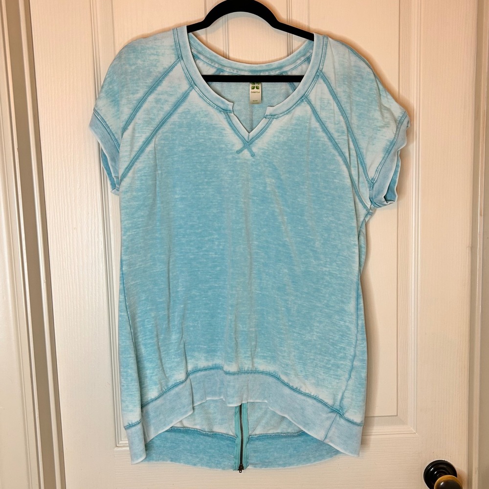 GreenTea Womens Mint Blue Acid Wash Short Sleeve Top Back Zipper Medium